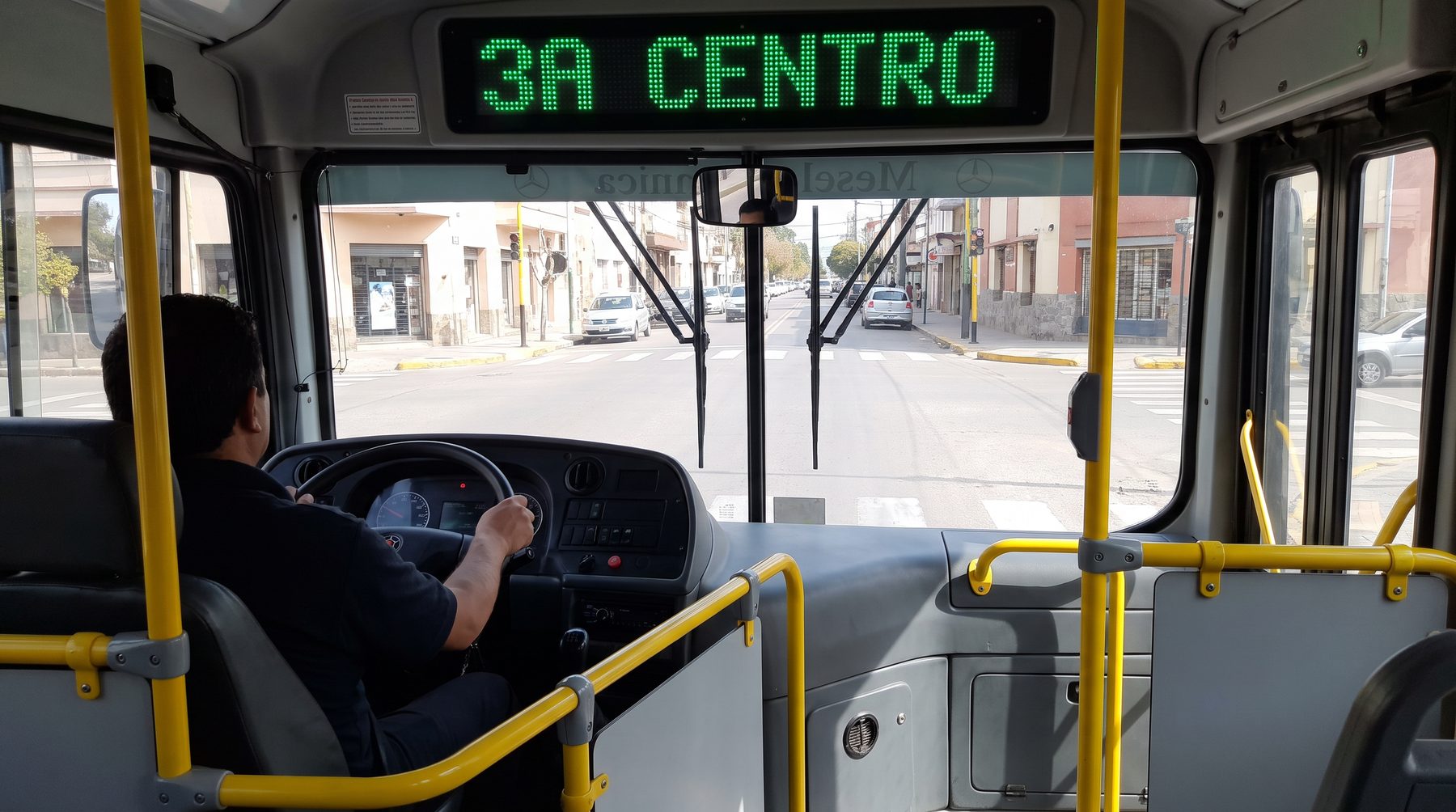Conductor al volante, visto desde los primeros asientos